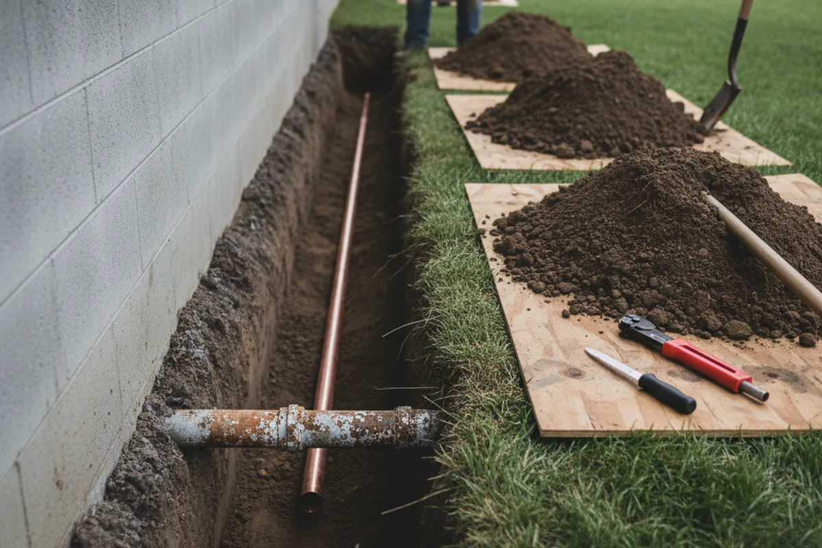 Excavated water line trench during Water Softener Installation in Woodway